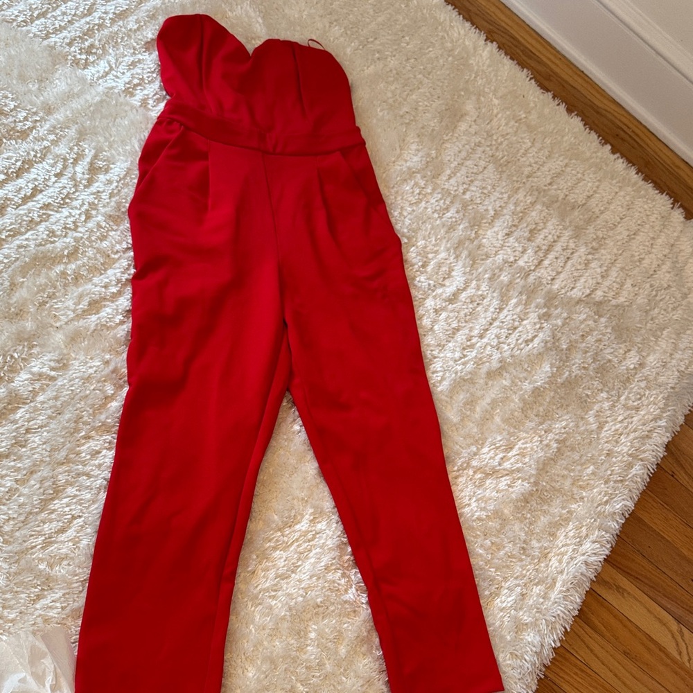 Express Vibrant Red Strapless Jumpsuit